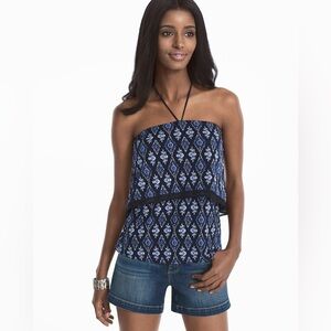 WHBM blue print layered halter top with tie tassels XS